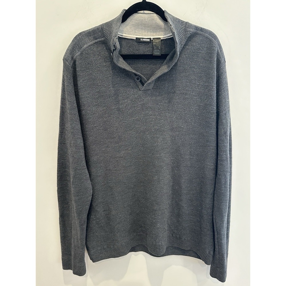 Claiborne Men's Grey 100% Wool Waffle Knit Pullover Long Sleeve Sweater Size XL